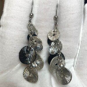 Chicos Silver Tone Dangle Earrings Textured Discs Neutral Boho New